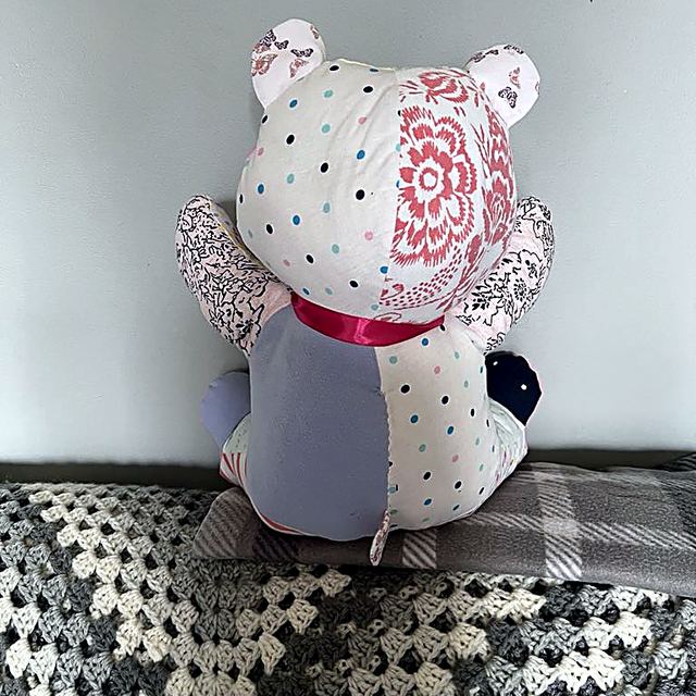 Patchwork memory bear, back view