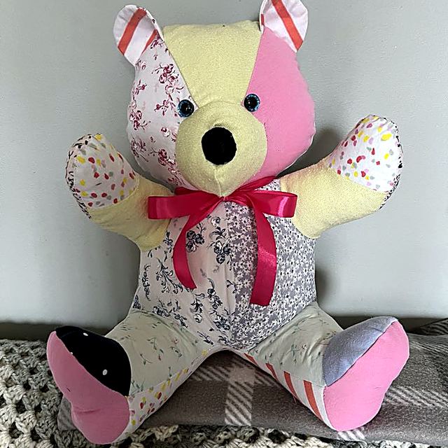 Patchwork memory bear, front view