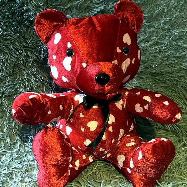 Handmade memory bear in red heart-print fabric