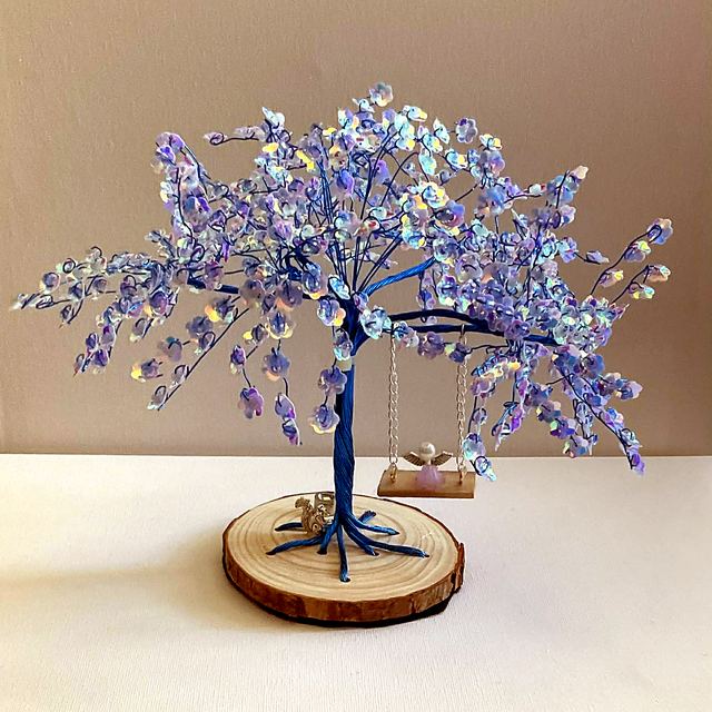 Memory tree with blue wire and pale blue iridescent blossoms