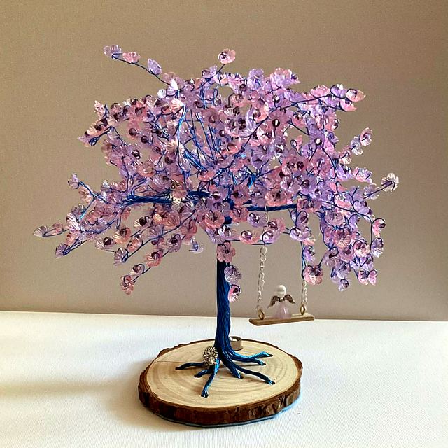 Memory tree with blue wire and lilac iridescent blossoms