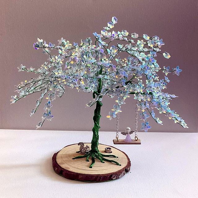 Memory tree with green wire and clear crystal blossoms