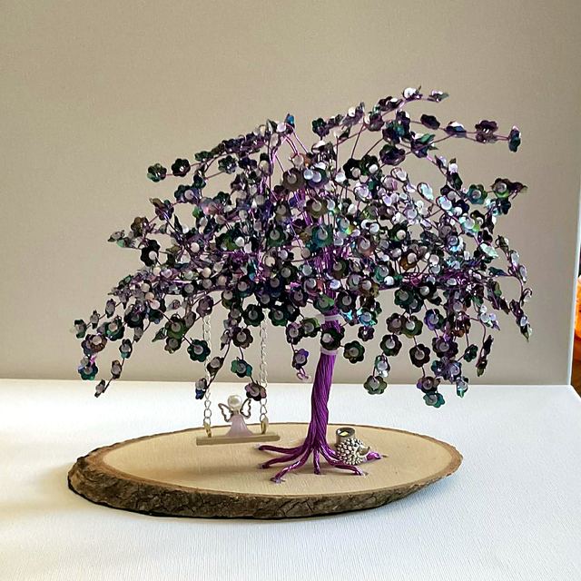 Memory tree with purple wire and plum sequin blossoms
