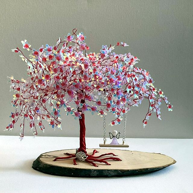 Memory tree with red wire and pink and white blossoms