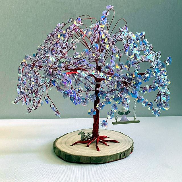 Memory tree with red wire and lilac iridescent blossoms